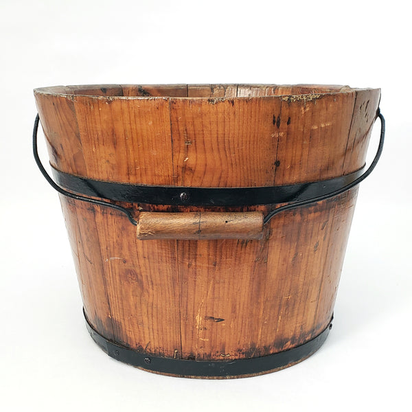 Vintage Rustic Wooden Bucket Pail with Bail Handle Wood Grip