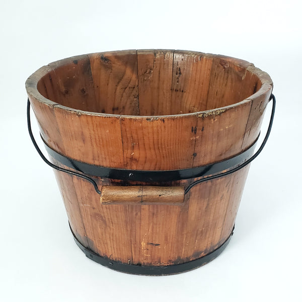 Vintage Rustic Wooden Bucket Pail with Bail Handle Wood Grip