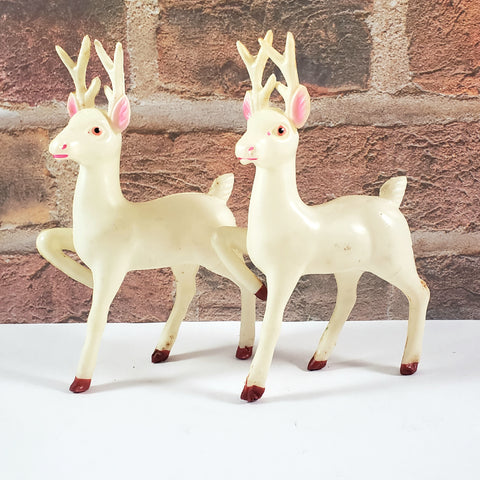 Vintage Celluloid Plastic Prancing Reindeer Figurines 6" Set of 2