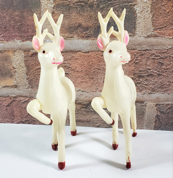 Vintage Celluloid Plastic Prancing Reindeer Figurines 6" Set of 2