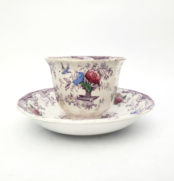 Old Purple Transferware Handless Cup and Saucer Polychrome FLORILLA Challinor England