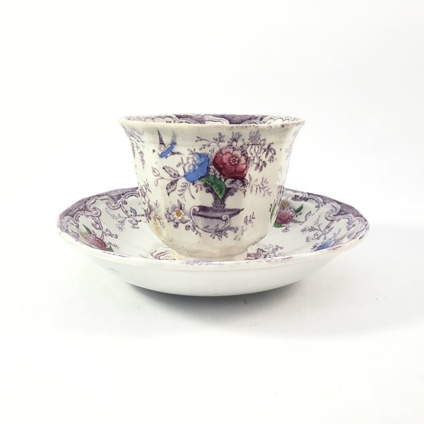 Old Purple Transferware Handless Cup and Saucer Polychrome FLORILLA Challinor England