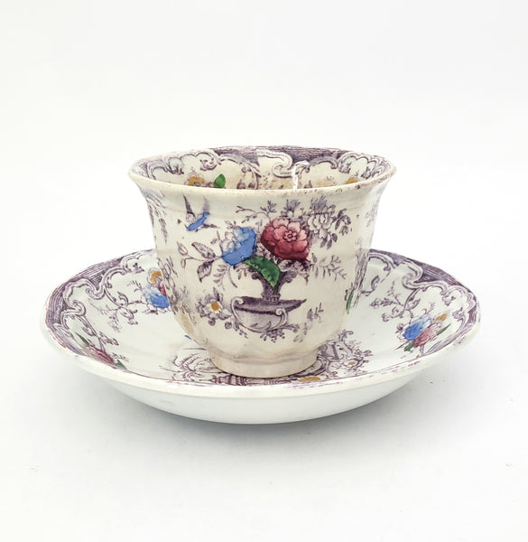 Old Purple Transferware Handless Cup and Saucer Polychrome FLORILLA Challinor England