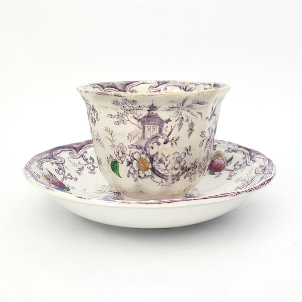 Old Purple Transferware Handless Cup and Saucer Polychrome FLORILLA Challinor England