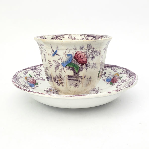 Old Purple Transferware Handless Cup and Saucer Polychrome FLORILLA Challinor England
