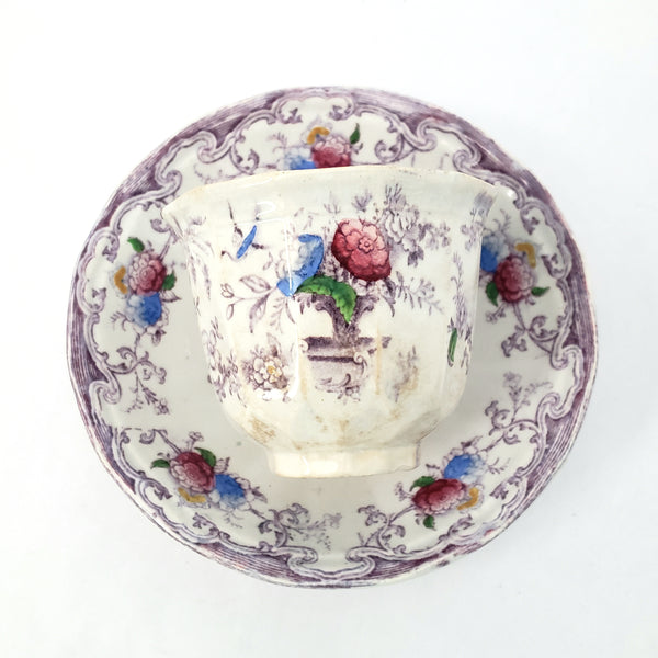 Old Purple Transferware Handless Cup and Saucer Polychrome FLORILLA Challinor England
