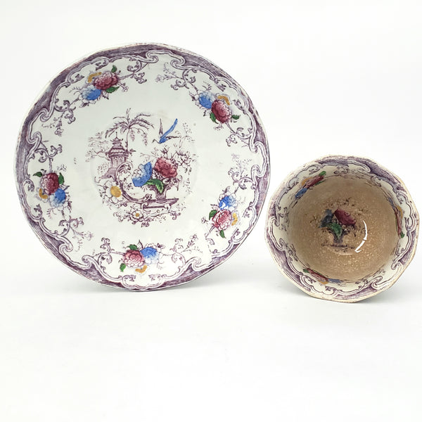 Old Purple Transferware Handless Cup and Saucer Polychrome FLORILLA Challinor England