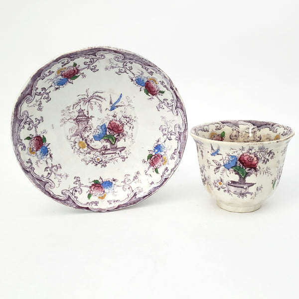 Old Purple Transferware Handless Cup and Saucer Polychrome FLORILLA Challinor England