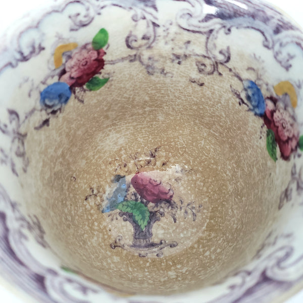 Old Purple Transferware Handless Cup and Saucer Polychrome FLORILLA Challinor England