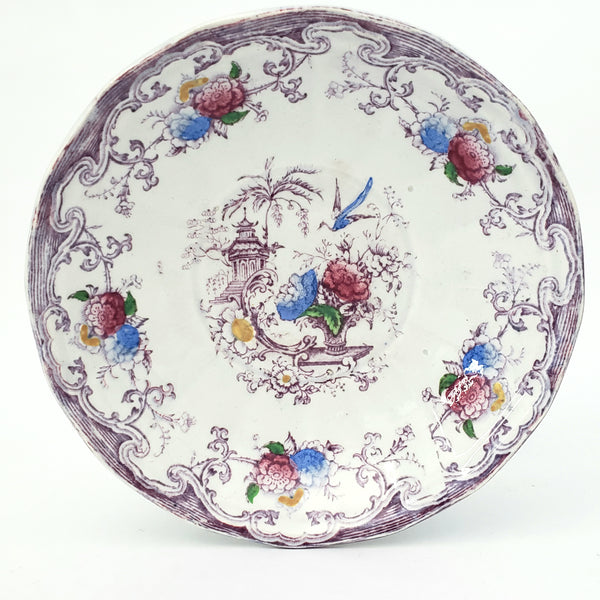 Old Purple Transferware Handless Cup and Saucer Polychrome FLORILLA Challinor England