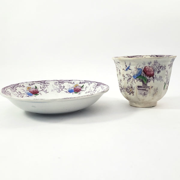 Old Purple Transferware Handless Cup and Saucer Polychrome FLORILLA Challinor England