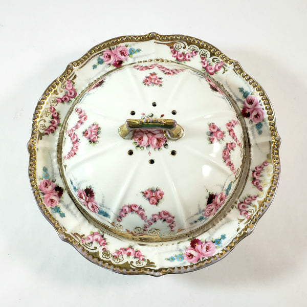 Antique Noritake Round Porcelain Pancake Server Pink Rose Swags