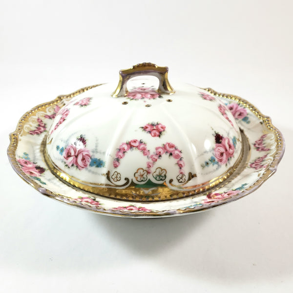 Antique Noritake Round Porcelain Pancake Server Pink Rose Swags