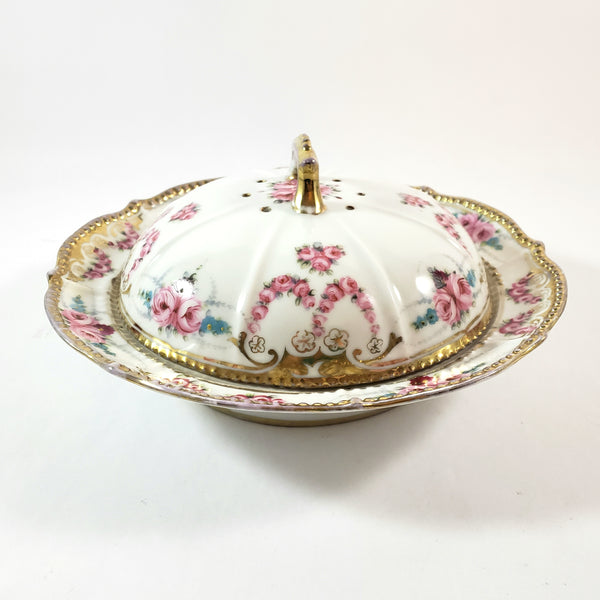 Antique Noritake Round Porcelain Pancake Server Pink Rose Swags