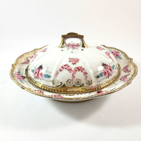 Antique Noritake Round Porcelain Pancake Server Pink Rose Swags
