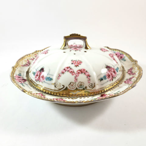 Antique Noritake Round Porcelain Pancake Server Pink Rose Swags