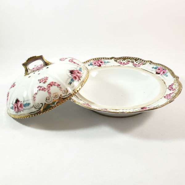 Antique Noritake Round Porcelain Pancake Server Pink Rose Swags