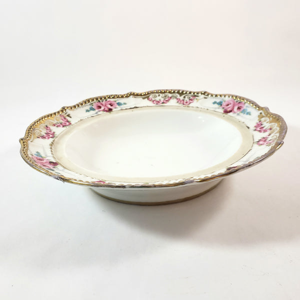 Antique Noritake Round Porcelain Pancake Server Pink Rose Swags