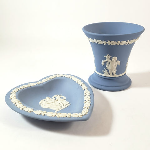 Wedgwood Blue Jasperware Heart Trinket Dish & Vase Collection of 2 England