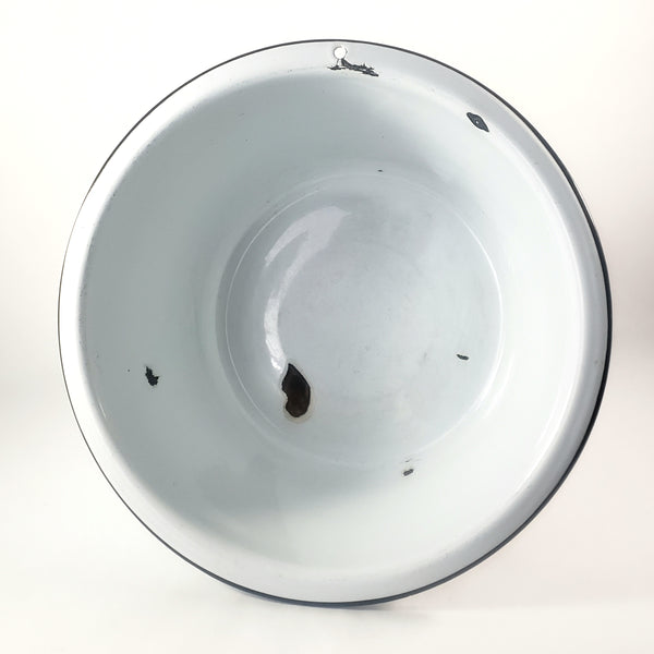 Large Vintage Farmhouse White Enamelware Basin Black Trim