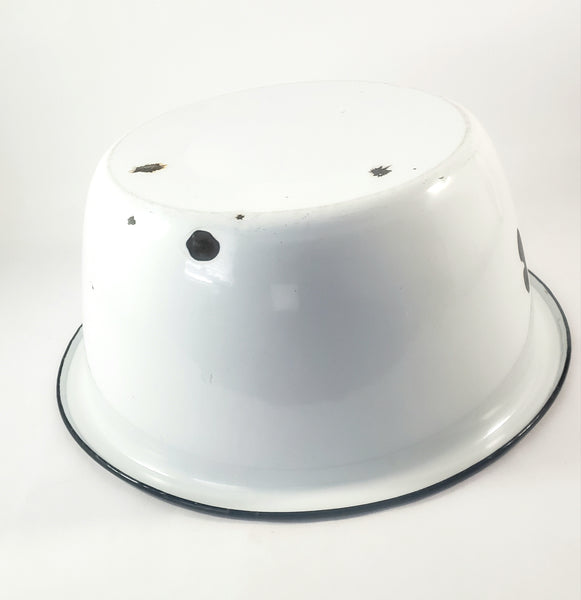 Large Vintage Farmhouse White Enamelware Basin Black Trim