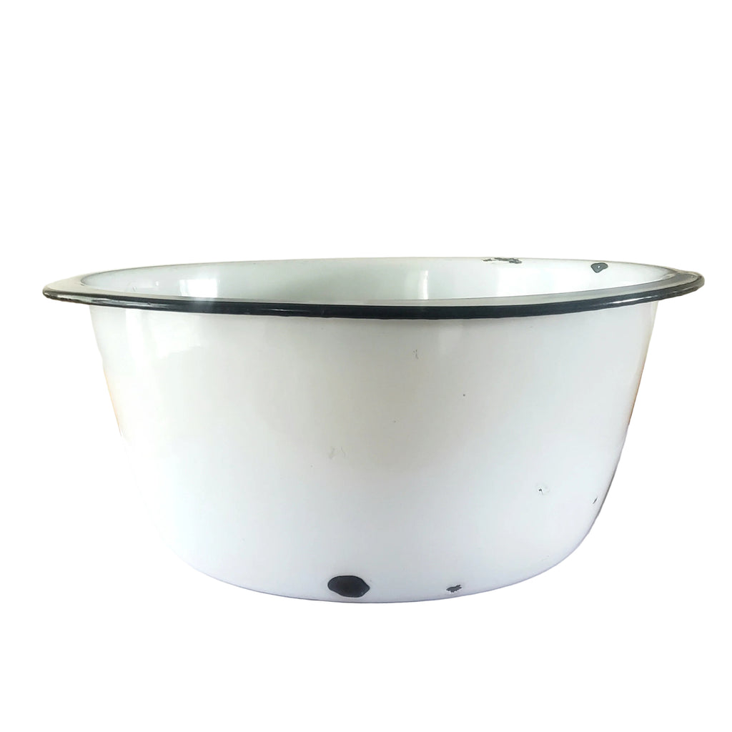 Vintage Large Farmhouse White Enamelware Basin with Black Trim