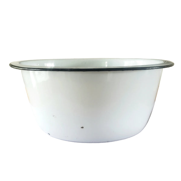 Large Vintage Farmhouse White Enamelware Basin Black Trim