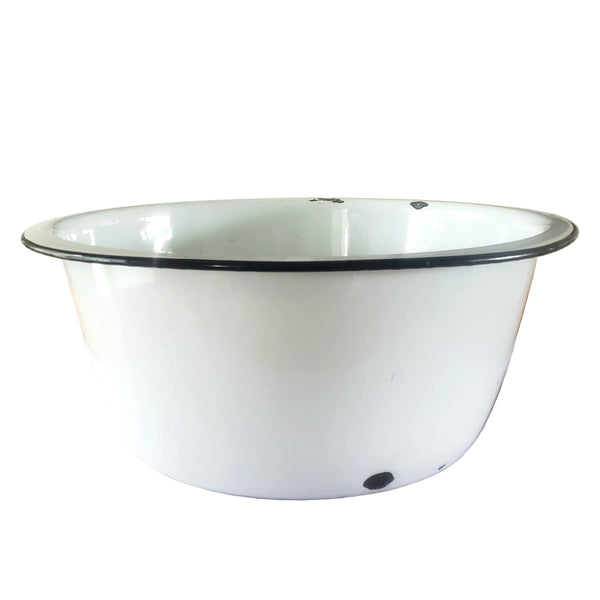 Large Vintage Farmhouse White Enamelware Basin Black Trim