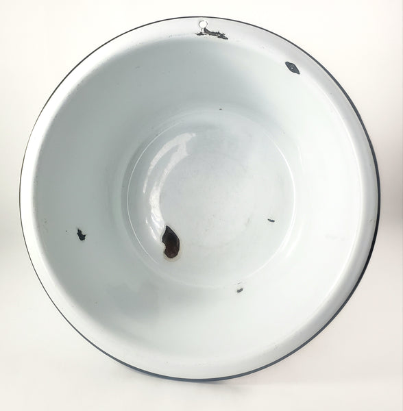 Large Vintage Farmhouse White Enamelware Basin Black Trim