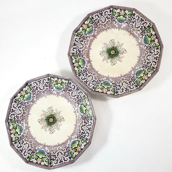 Antique Purple Transferware Polychrome Plates 9 ¼” ZAMARA Set of 2 England