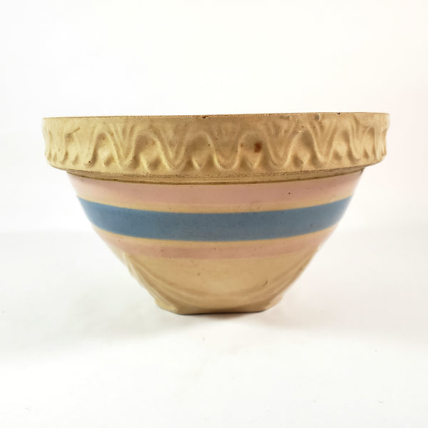 Antique American Yellow ware Mixing Bowl Pink & Blue Bands 1 Quart