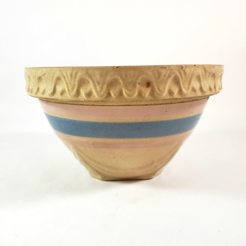 Antique American Yellow ware Mixing Bowl Pink & Blue Bands 1 Quart