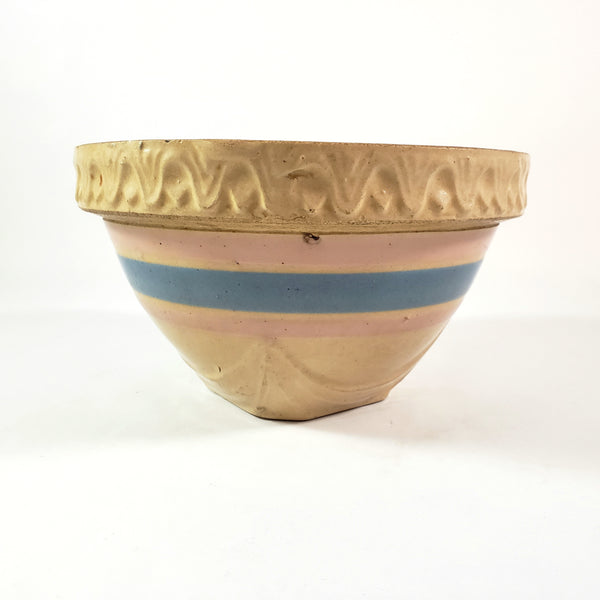 Antique Yellow ware Mixing Bowl Pink & Blue Bands 1 Quart