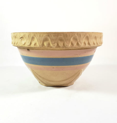 Antique Yellow ware Mixing Bowl 7 1/2" Pink & Blue Bands USA