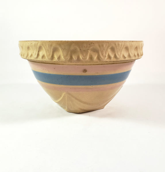 Antique Yellow ware Mixing Bowl Pink & Blue Bands 1 Quart