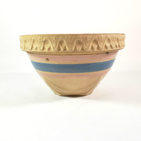 Antique Yellow ware Mixing Bowl Pink & Blue Bands 1 Quart