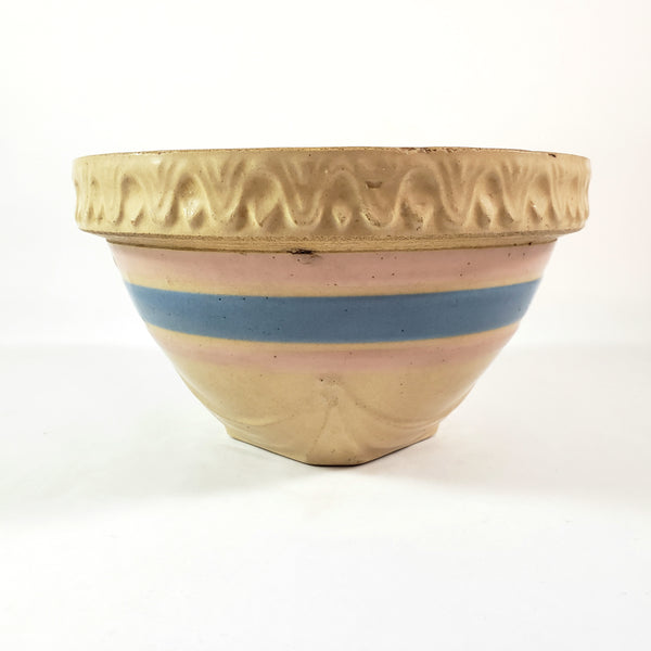 Antique Yellow ware Mixing Bowl Pink & Blue Bands 1 Quart