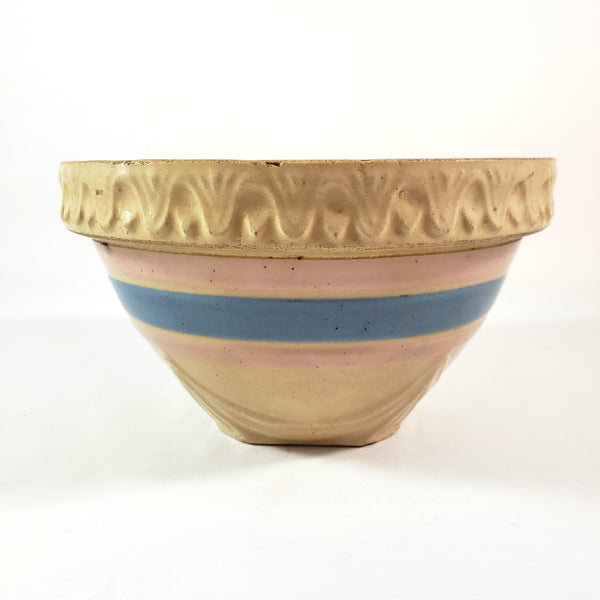Antique Yellow ware Mixing Bowl Pink & Blue Bands 1 Quart