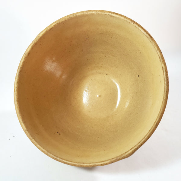 Antique Yellow ware Mixing Bowl Pink & Blue Bands 1 Quart