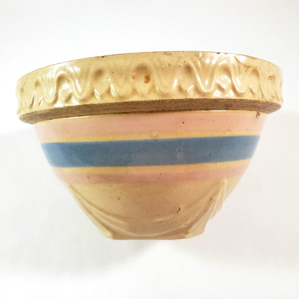 Antique Yellow ware Mixing Bowl Pink & Blue Bands 1 Quart