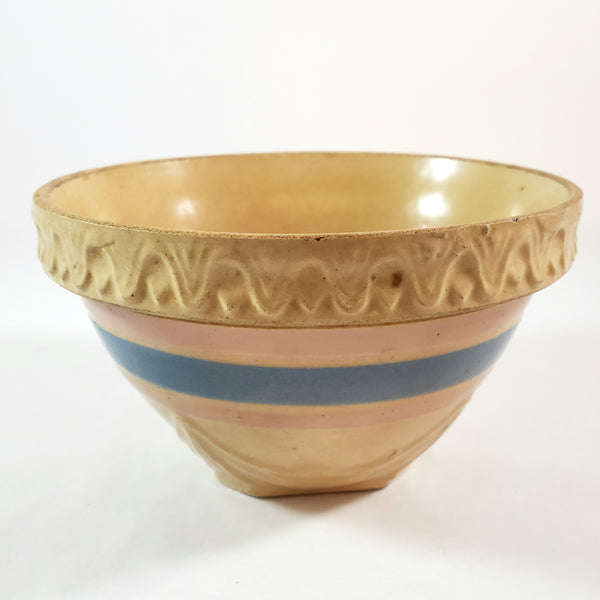 Antique Yellow ware Mixing Bowl Pink & Blue Bands 1 Quart