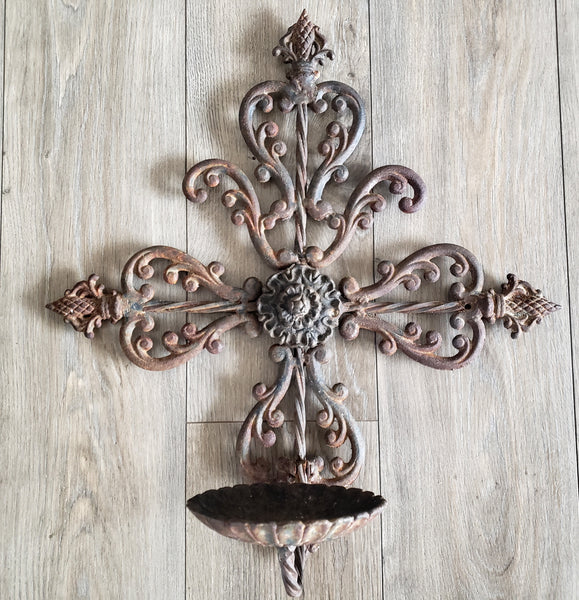 Large Vintage Cast & Wrought Iron Wall Candle Sconce 19" Fleur-de-Lis Gothic Style