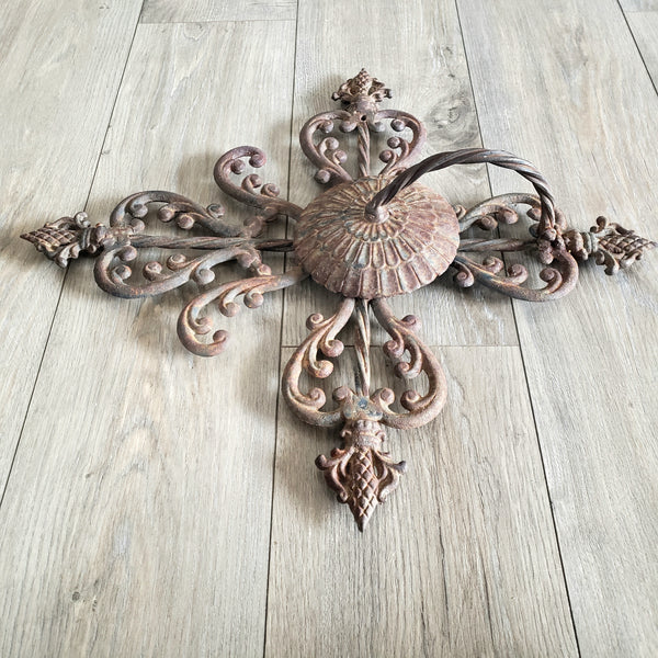 Large Vintage Cast & Wrought Iron Wall Candle Sconce 19" Fleur-de-Lis Gothic Style