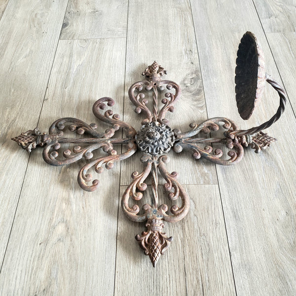 Large Vintage Cast & Wrought Iron Wall Candle Sconce 19" Fleur-de-Lis Gothic Style