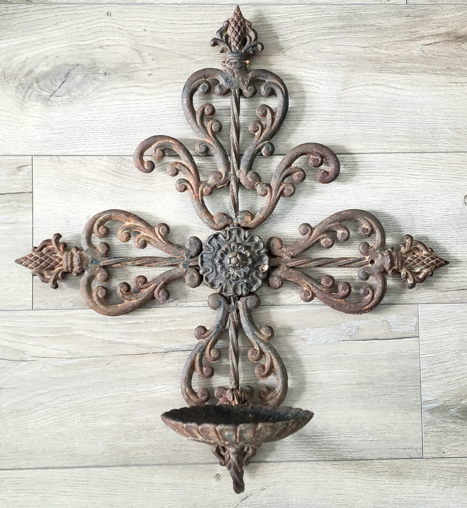 Large Vintage Cast & Wrought Iron Wall Candle Sconce 19" Fleur-de-Lis Gothic Style