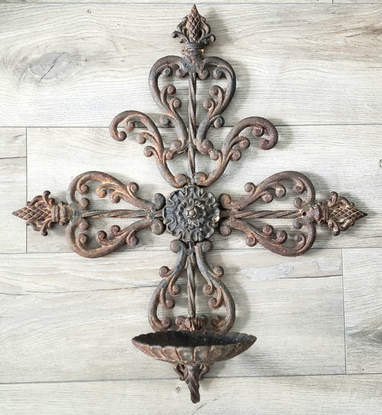 Large Vintage Cast & Wrought Iron Wall Candle Sconce 19" Fleur-de-Lis Gothic Style