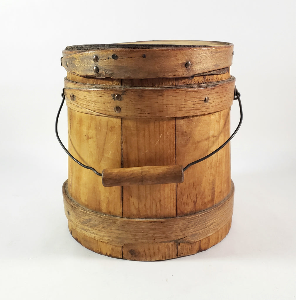 Antique Wooden Firkin Bucket Small 7” Sugar Bucket Lid and Bail Handle Grip