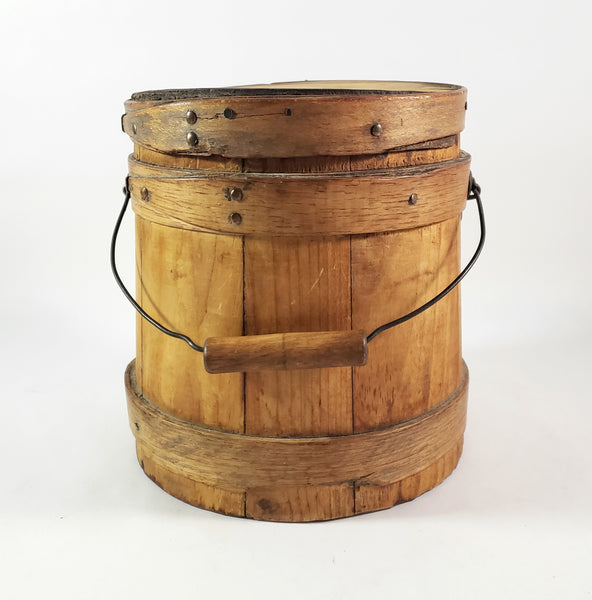 Antique Wooden Firkin Bucket Small 7” Sugar Bucket Lid and Bail Handle Grip