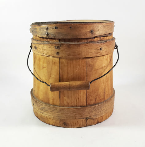 Antique Wooden Firkin Bucket Small 7” Sugar Bucket Lid and Bail Handle Grip