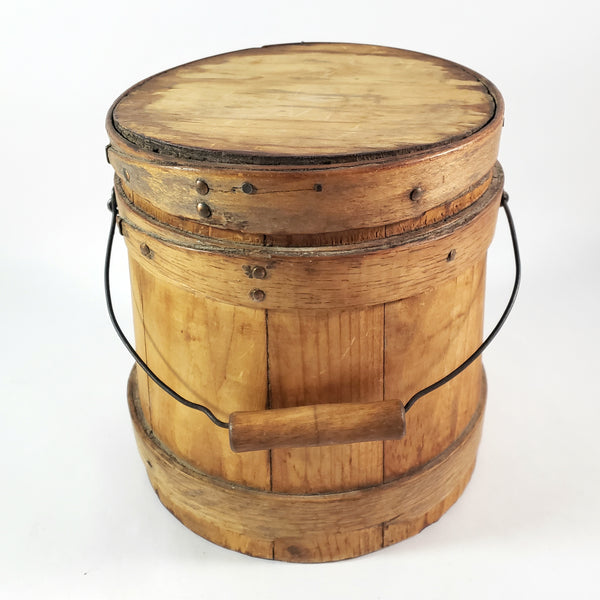 Antique Wooden Firkin Bucket Small 7” Sugar Bucket Lid and Bail Handle Grip